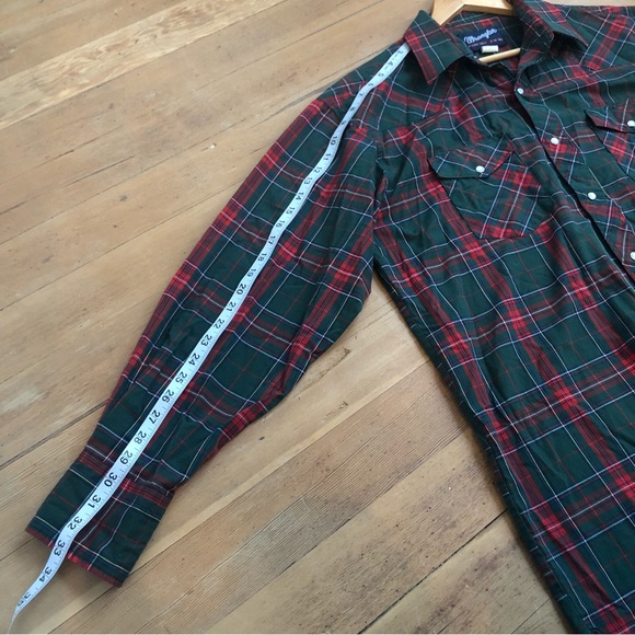 Wrangler Vintage Red Green Plaid Cotton button up X-LONG TAILS 17-36 TALL - Picture 13 of 13